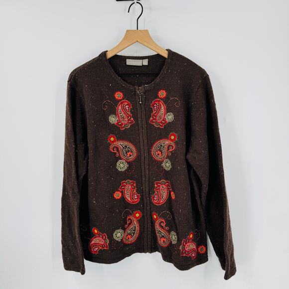 Vintage Croft & Barrow Embroidered Paisley Zip Cardigan Brown Sweater Size XL - Picture 10 of 10